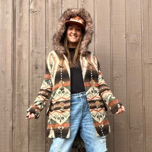 BB Dakota Southwestern Print Toggle Coat | Faux Fur Hood Jacket - Size M